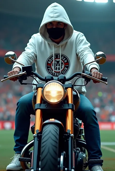 A man wearing a white Hoodie sweater and a mask and mask is sitting on a Harley motorcycle there is the name of the MOUNT SIRAH FOOTBALL CLUB logo, stadium background  