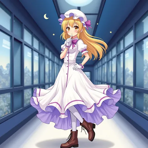  watercolor anime style image , attractive woman, blonde,  small white hat ,  yellow eyes , beautiful gaze,  attractive smile,  long white dress with a large purple line and short sleeves, elegant gloves white ,  with a finger on your lips attractively ,  ...