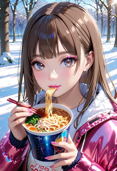 (best quality, masterpiece, ultra highres, ultra-detailed:1.2) ,  detailed face,solo, introspective, reflective, contemplative, detailed facial features, fair skin with a natural glow, depth of field,portrait,(girl eating Nissin instant cup noodles in a sn...