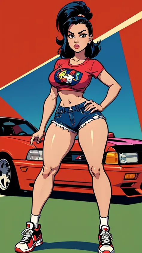 full body,full body,80s anime cartoon,illustration,most gorgeous mexicanwoman wearing crop-top t-shirt,short-shorts,low-top jordan sneakers,extra wide hips,standing in front of a 1999 Nissan Skyline GT-R Nismo R34,surrounded by JDM cars at a car meet,extra...