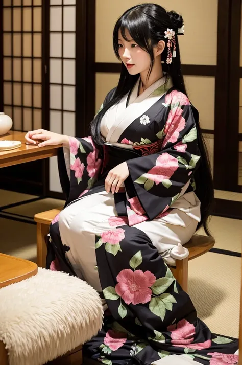 Kimono opened、 black hair、 long hair、 Japanese、Japanese-style room、 high image quality、 woman、2 people、(Big breasted)、