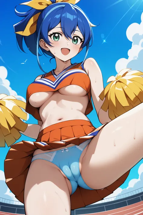 Serena,megami magazine,short hair,blue hair,ponytail,hair between eyes,yellow ribbon,green eyes,medium breasts,
(cheerleader:1.3), (pleated skirt:1.3),(stripe crop top:1.2), sleeveless shirt, medium breasts,(under boob:1.1),
miniskirt, thighs, holding pom ...