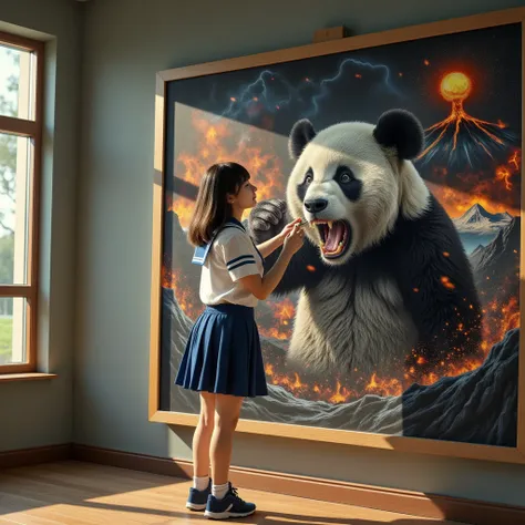 ultra-realistic, photorealistic, dramatic scene, shadow, global-illumination, solo, (perfect anatomy), (1 beautiful teenage Japanese high school student girl), wearing high school sailor uniform, in a classroom, the girl is drawing(Muay Thai fighter vs. te...