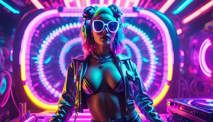 Junge, "Cyberpunk DJ lady with a cool neon head set, colorful neon lights all around, multi-colored hair, multi-colored, front view, cool open jacket and lingerie, big breast, rocking sun glasses, two big LED speakers that light up each side, immersed in a...