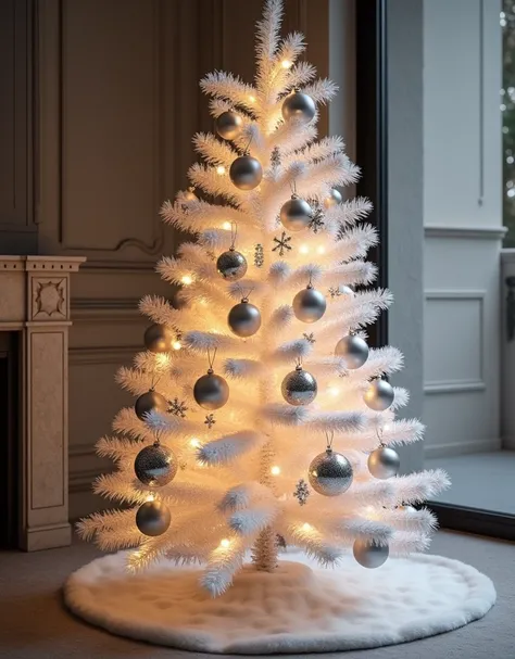 A chic white Christmas tree decorated with silver baubles, crystal garlands, and sparkling snowflakes. The tree is bathed in soft white lights for a serene, sophisticated look.