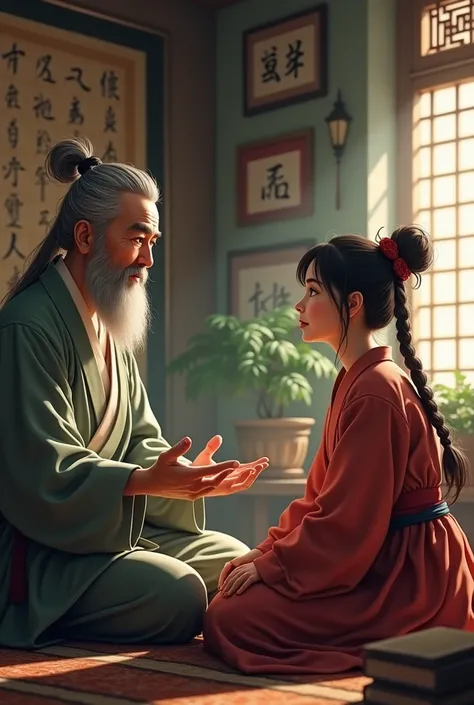 A father aged as a swordsmanship teacher sat chatting with his beautiful daughter.