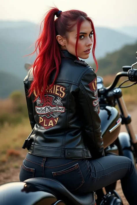 Rocker woman sitting on motorcycle on hill and turning back looking at viewer into camera, on the back of her jacket emblem with text "StudioSmartPlay", Photo of biker woman, motorcycle harley-davidson, motorcycle, motorcycle, Harley-Davidson, B&S photo, M...