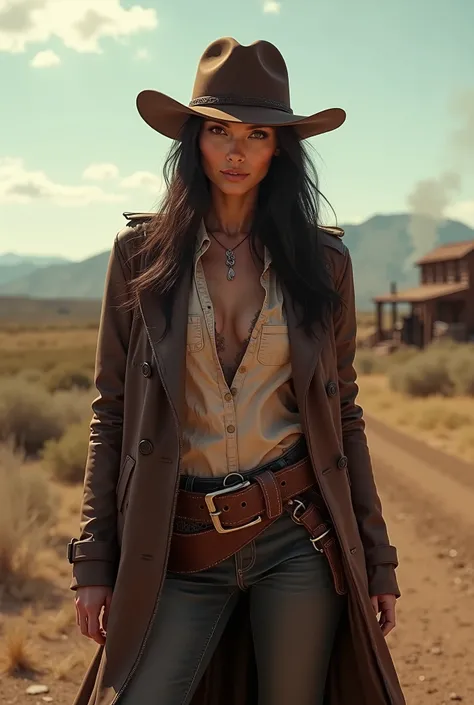 Emily Ratajkowski as a cowgirl in a leather duster coat in the old west