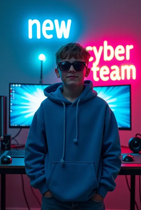 character boy wearing blue hoodie and sunglasses looking infront of camera setting in center of studio where a pc is present in which a name " NEW CYBER TEAM " is written in neon style.