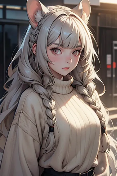 Digital art style + a woman + soft features + pale skin + long grey hair + small braids + bangs + complicated hairstyle + brown eyes + chinchilla ears + oversized sweater, 8K，intensely detailed，highly quality，high resolucion.