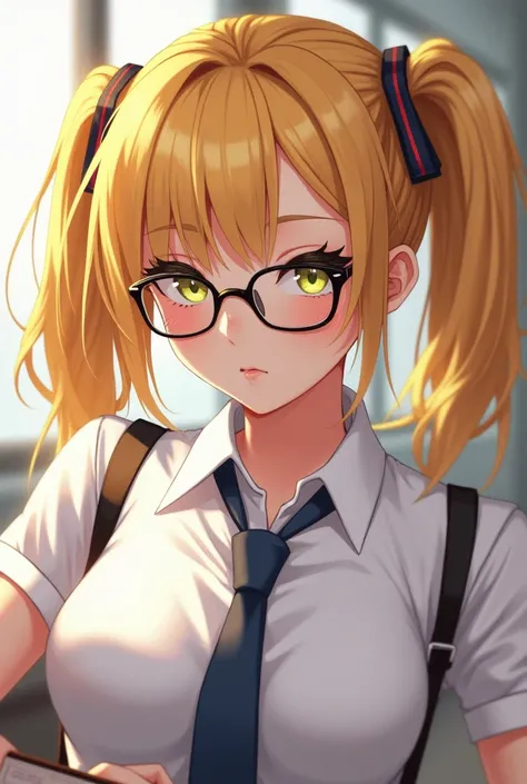 Blonde hair woman hair in pigtails wearing glasses with a white button up shirt slightly unbuttoned and a necktie 