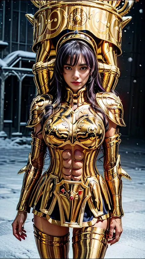 Ultra high saturation（masterpiece）， Full body photo，（The best quality）， （1 girl），White hair,  realistic, (1 woman), hiper realistic, Wearing a shiny golden armorSexy lingerie type armor，expose your chest，Expose the waist，Exposing the thighs，Pose genial， Sa...