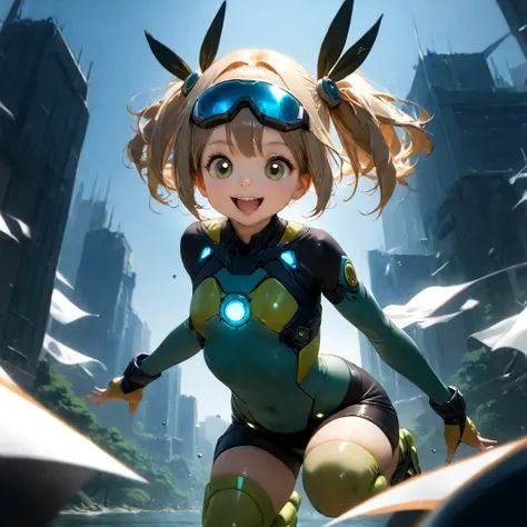 master piece,((amazing quality, great quality, top quality, very aesthetic, aesthetic, best quality)),A Japanese anime-style character design depicting a futuristic sniper girl aged 15, An anime-style cute girl smiling as she lightly jumps. Her soft chest ...