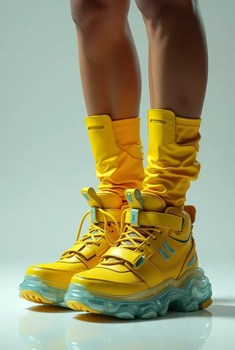 Very high sandal ankle boots Miami Vice Cops Cyber Android Robots Sport Military Shoes Thick Transparent Transparent Sole Latest Futuristic Hyperrealistic Model TXT 5000 Yellow Color Thick Translucent Transparent Glass Sole 