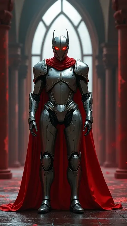  is possessed by a demon, a holy knight commander. Full Body Mechanized Image of an Adult Male. Robotic Muscle-Developed Body . wearing sacred white gold holy knight armor . Eyes Deep Red . standing inside a mysterious black and red church.Bold composition...