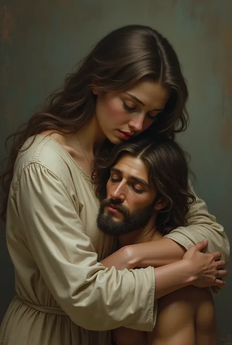 Woman embracing Jesus , holding him with both arms ,  the woman carries the head of Jesus close to her chest