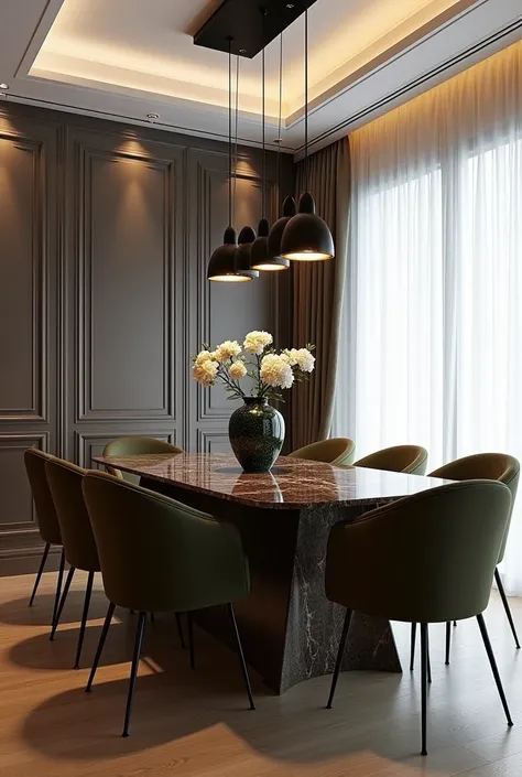 Professional 3d architecture rendering design of modern and minimal and high tech design for elegant and luxurious dining room with  luxurious and elegant  dark brown marble stone table and 6 velvet  dark olive and wrought iron and so modern ceiling lighti...