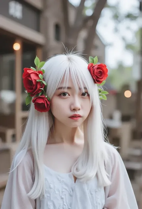  wearing a white dress 、There is a woman with red roses in her hair, anime  cosplay, anime girl  cosplay,  cosplay photo,  anime style mixed with Fujifilm,  cosplay, White-haired goddess,   beautiful fox woman  ,  cosplayer, White cat girl, Girl Silver Hai...