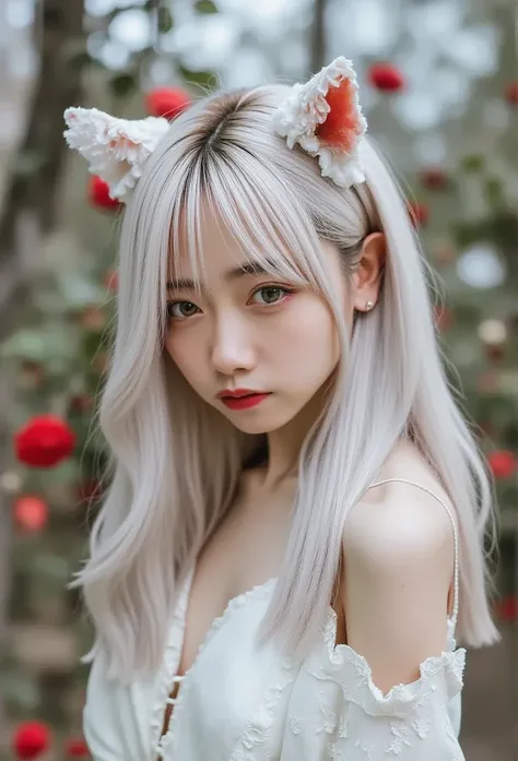  wearing a white dress 、There is a woman with red roses in her hair, anime  cosplay, anime girl  cosplay,  cosplay photo,  anime style mixed with Fujifilm,  cosplay, White-haired goddess,   beautiful fox woman  ,  cosplayer, White cat girl, Girl Silver Hai...