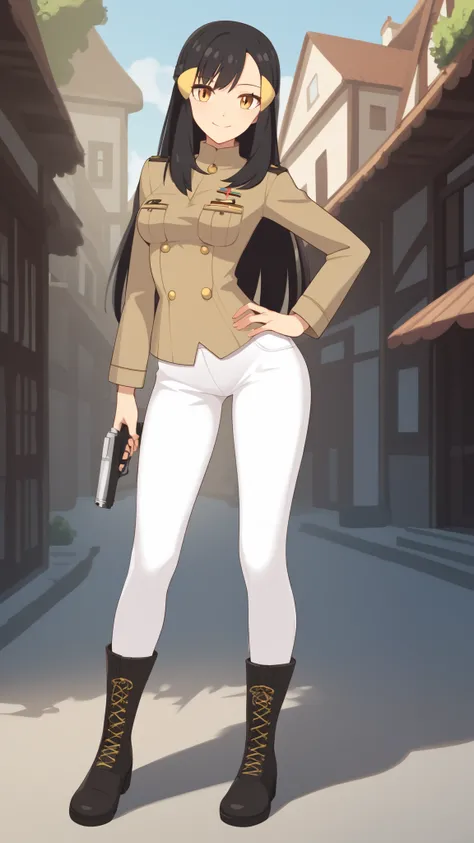 ( top quality)), ((masterpiece)), ( Details), 1girl, Black hair color,  long hair,  golden eyes, white long sleeve military uniform, White jeans,  black long boots , Pistol,  Tall,  ANIME COLORING BOOK,  viewers of the pin, 1 Female, Age 18,  standing with...