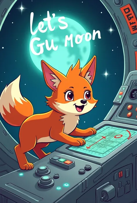 A cartoon DINGO Inu on a spaceship control panel, plotting coordinates to "MOON," with the text "LETS GO!"