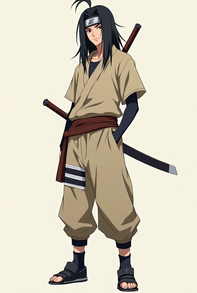  make a fictional male character inspired by the ANIME NARUTO,  He is a 16-year-old teenager , average height and adult appearance , no mustache, Does he have a konoha headband , has red eyes,  long black hair , He wears loose beige clothing ,  he is a hea...