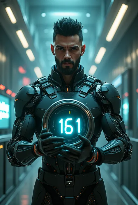 White male cyborg with black hair and beard. Holding a digital clock with "161" spelled on the clock. Wired into matrix mainframe. A tv screen with"BOBBY DIGITAL" Spelled in background. 