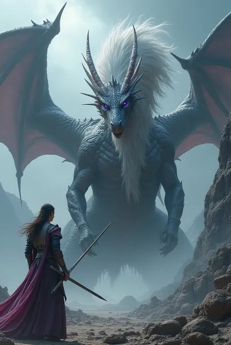  Create a picture of a dragon queen ,  with almost white hair and purple eyes , The other person is a warrior ,  in dull armor and a sword in her hand.