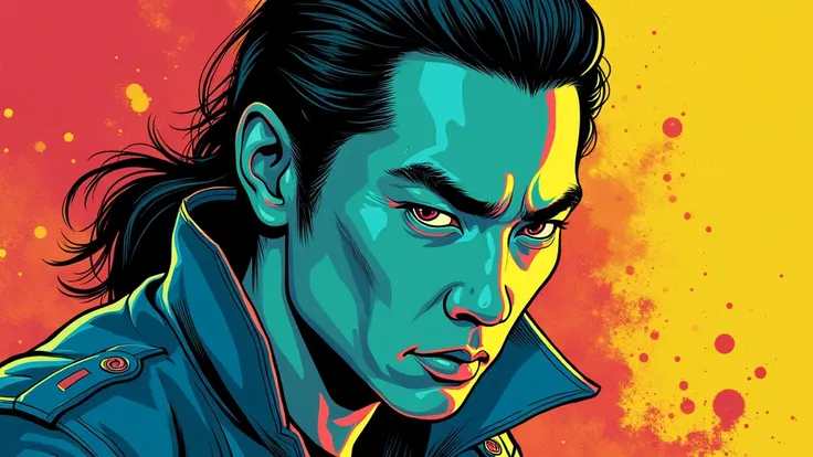 a comics illustration of THE ACTOR Bolo Yeung as a mafia chinese man. Middle part hair. A cyberpunk atmosphere, outline, comicbook style, digital art, hand drawing, marvel, pen illustration. pen contourn, comic style. graphic novel. blue, red yellow and gr...