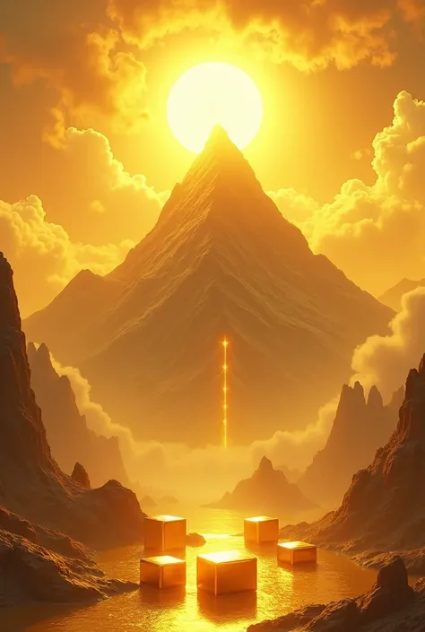 A picture of a golden mountain with the sun, with a cloud of golden haze, with six golden cubes placed in front.