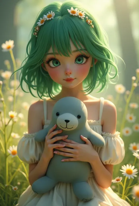 A girl with green hair slightly longer than a square puts a toy seal between her breasts