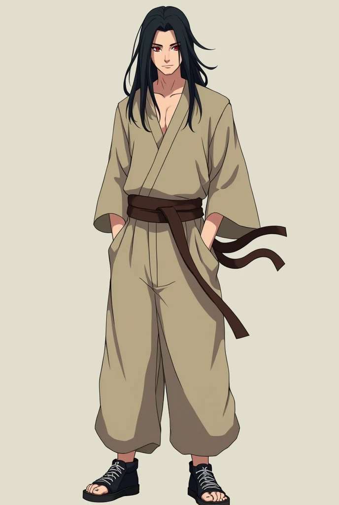  make a fictional male character inspired by the Naruto anime,  He is a 16-year-old teenager , average height and adult appearance , no mustache, Does he have a konoha headband , has red eyes,  long black hair , He wears loose beige clothing ,  he is a hea...