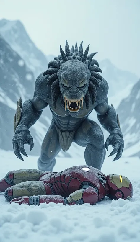 A large, predator is standing over a ironman laying in the snow. Through a snowy landscape