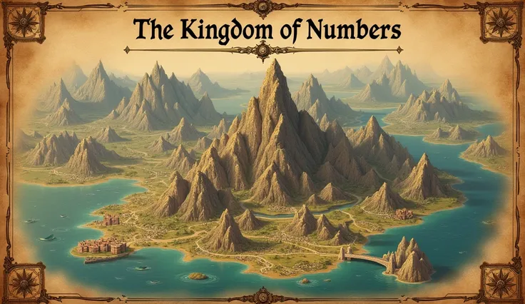 An old map of a kingdom with mountains appears,  rivers and cities . The title "The Kingdom of Numbers" appears.