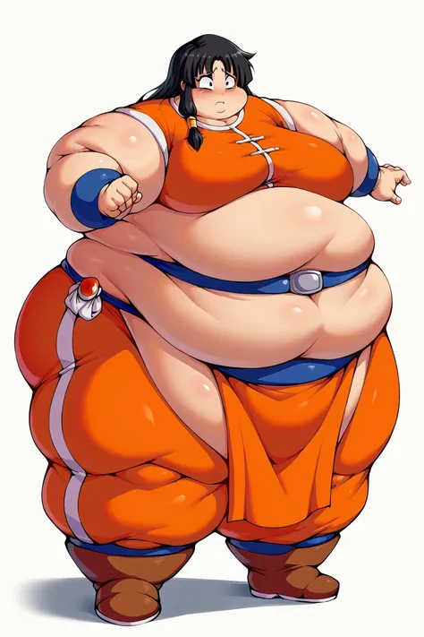 Goku becomeing a female fat, chubby, obese, fabric clothes, loincloth , 1girl, maron, 1girl, black hair, black eyes, stretched out and riped clothes Orange Short sleeved Shirt And blue belt and orange pants and blue rist bands with blue and red boots long ...