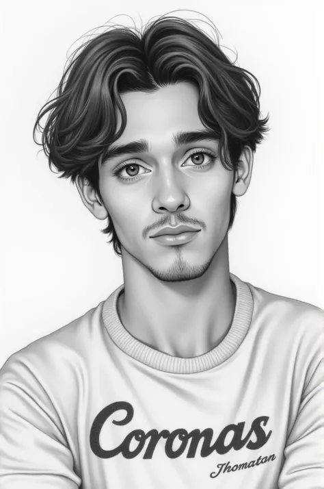 A realistic drawing ,  of a 22-year-old boy ,  Dark Brown Hair,  dark brown eyes ,  fair skin , with a thin mustache, no beard,  medium hair thrown back ,  wearing a Corinthians t-shirt written Jhonnatan