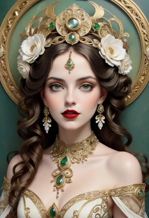 Art Decó,  Arte decorativo, Mejorar, intrincado, (mejor calidad, obra maestra, Trabajo representativo, arte oficial, profesional, 8k)"A stunning, elegant woman in Art Nouveau style. She has delicate facial features, including porcelain-like pale skin, larg...