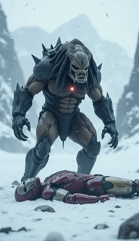 A large, predator is standing over a ironman laying in the snow. Through a snowy landscape