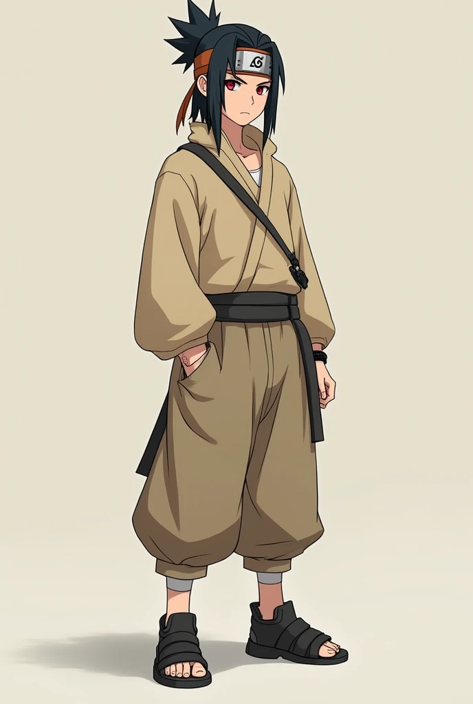  make a fictional male character inspired by the ANIME NARUTO,  He is a 16-year-old teenager , average height and adult appearance , no mustache, Does he have a konoha headband , has red eyes,  long black hair , He wears loose beige clothing ,  he is a hea...