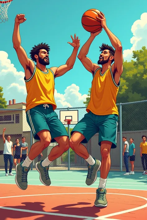 Generate an comics image about two male friends playing at the basketball court. Rises his hands in triumph 