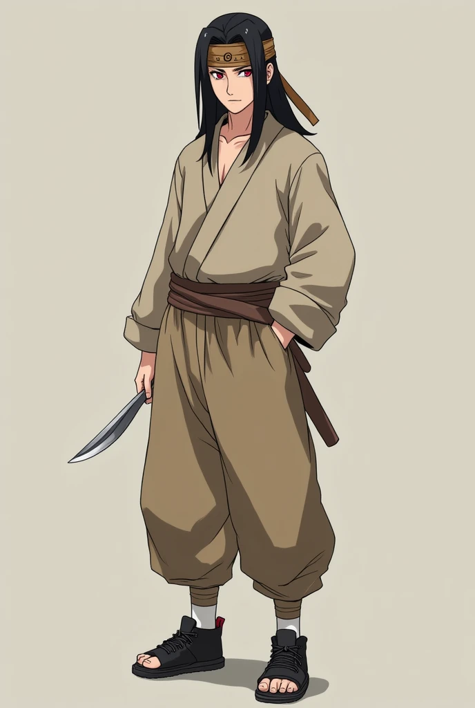  make a fictional male character inspired by the ANIME NARUTO,  He is a 16-year-old teenager , average height and adult appearance , no mustache, Does he have a konoha headband , has red eyes,  long black hair , He wears loose beige clothing ,  he is a hea...