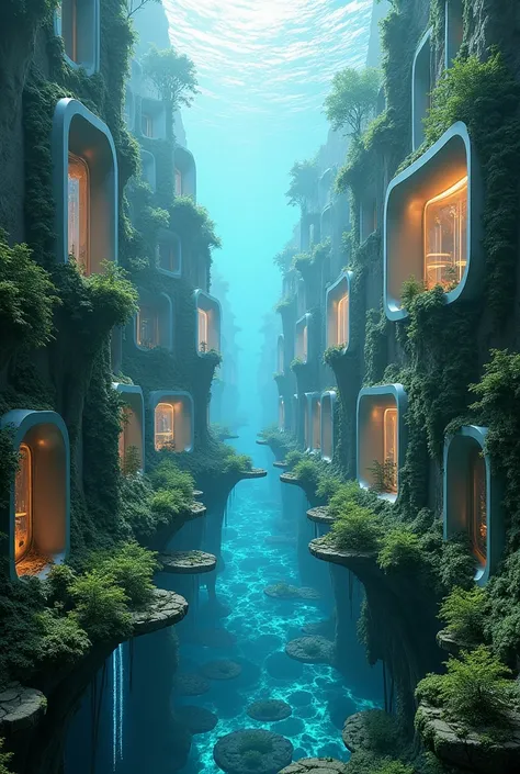 One side is nature inspired buildings while the other side is underwater cities with a split vertically separating them 
