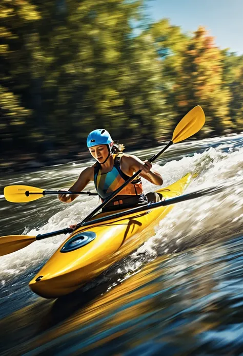 Create a dynamic image of a individual kayaker on a river in motion, captured with a panning effect. The kayaker is leaning into a turn on a sleek, powerful kayaker. The background is a motion-blurred streak of vibrant colors, emphasizing speed and energy....