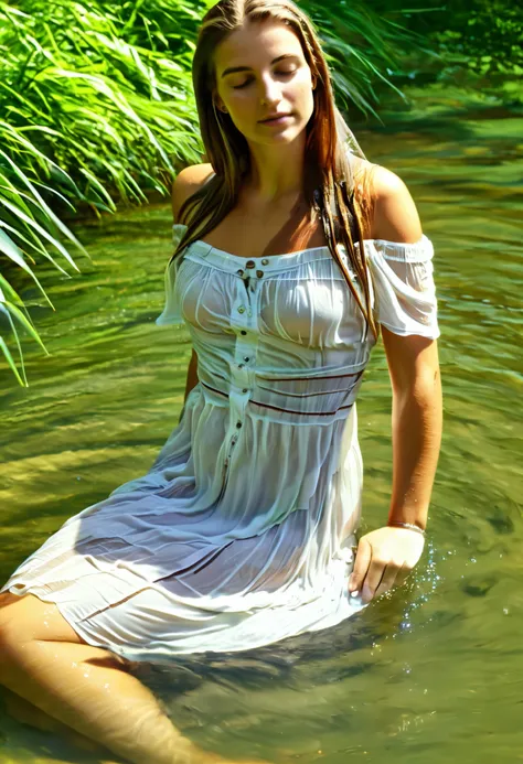 A young woman with long, flowing brown hair, sitting in a shallow, clear stream on a sunny day, wearing a soaked white summer dress that clings to her body and becomes slightly transparent, water running gently over her bare legs, sunlight filtering throug...