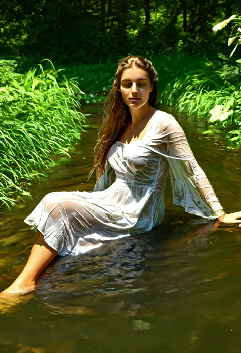 A young woman with long, flowing brown hair, sitting in a shallow, clear stream on a sunny day, wearing a soaked white summer dress that clings to her body and becomes slightly transparent, water running gently over her bare legs, sunlight filtering throug...