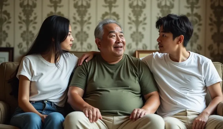 50 year old Indonesian man, slightly fat, short, uneven gray hair, wearing a military green t-shirt, sitting on a single sofa. On the right side there is a young MAN 28 year old with medium-length, medium hair, wearing a white t-shirt, short cream chinos. ...