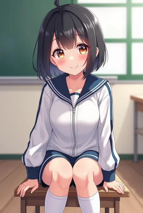 cute, girl,  sold, 6th elementary school student, black hair, Bob- Half up-short ponytail, school track suit, white knee-high socks, medium bust, (((shiny skin))), blush, smile