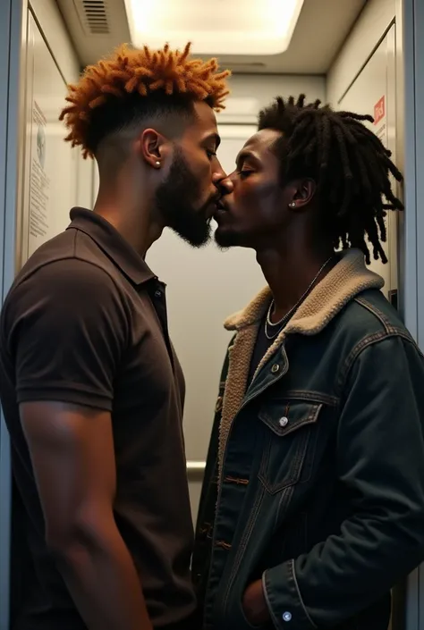 Interacial Gay Couple black twink, and gay ginger geek muscular and polo shirt and a beautiful skinny shorter Black twink with fluffy dreads wearing a posh knitted jacket and  are in a plane toilet cabin and kiss.