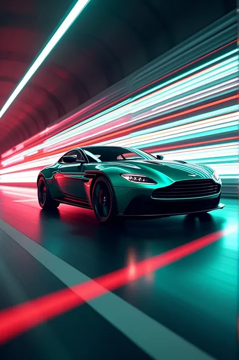 An Aston Martin Vantage in deep green, speeding through a tunnel with dynamic light trails flashing past. The car’s sophisticated, streamlined silhouette contrasts with the bright, neon-colored streaks of the lights around it.