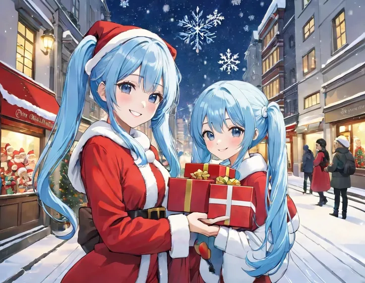  long light blue hair、 beautiful girl with twin tail hairstyle 、  Santa Claus、smile、 handing out presents in a beautiful city where its snowing